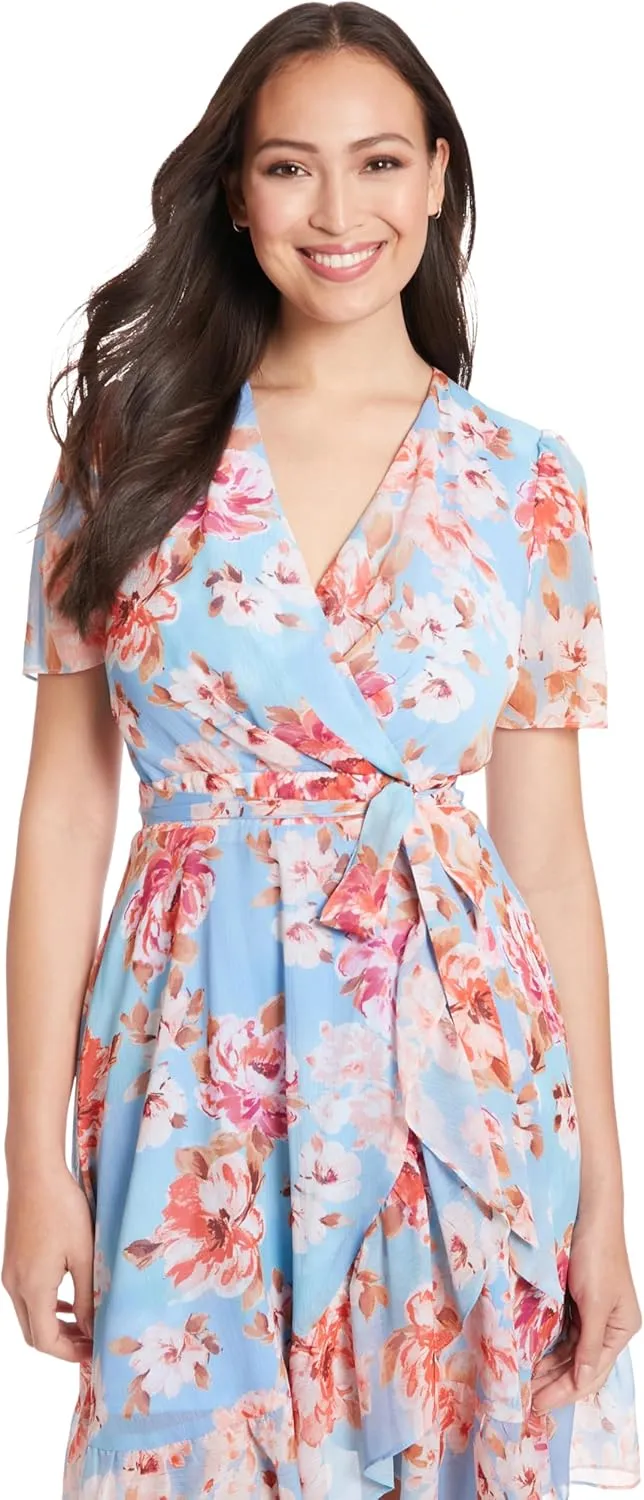 London Times Women's Faux Wrap Dress with Ruffle Skirt Occasion Shower Office Career