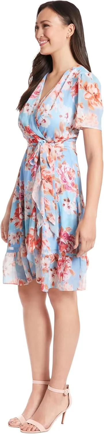 London Times Women's Faux Wrap Dress with Ruffle Skirt Occasion Shower Office Career