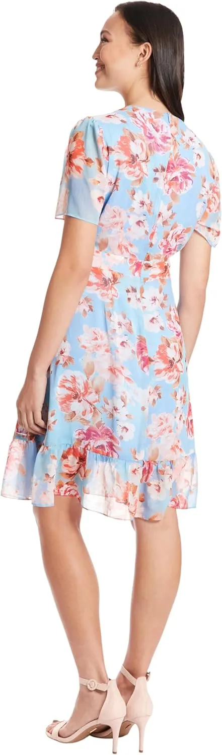 London Times Women's Faux Wrap Dress with Ruffle Skirt Occasion Shower Office Career