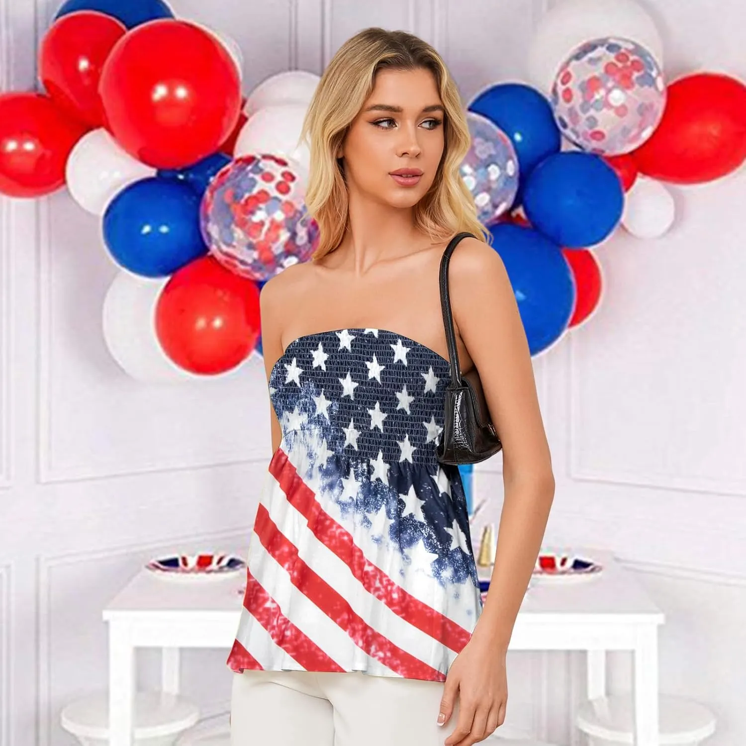 LOTUCY American Flag Strapless Bandeau Tank Women 4th of July Sleeveless Ruffled Tube Patriotic Strapless Smocked Tube Tops
