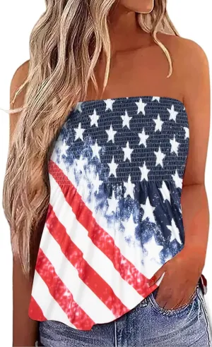 LOTUCY American Flag Strapless Bandeau Tank Women 4th of July Sleeveless Ruffled Tube Patriotic Strapless Smocked Tube Tops