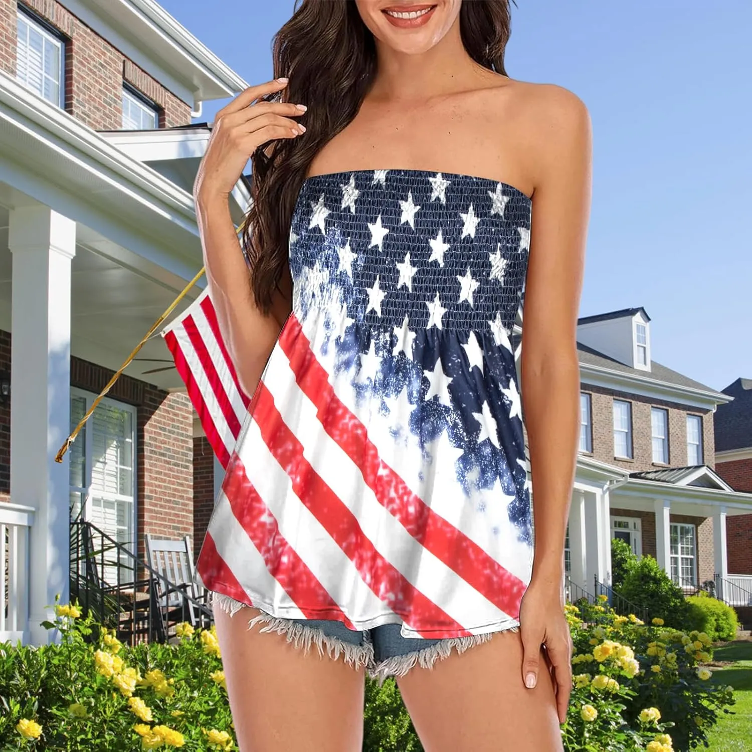 LOTUCY American Flag Strapless Bandeau Tank Women 4th of July Sleeveless Ruffled Tube Patriotic Strapless Smocked Tube Tops