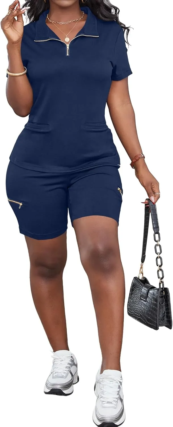 LovelyWholesale Womens 2 Piece Outfits Side Split V Neck T Shirts and Biker Shorts Matching Sets