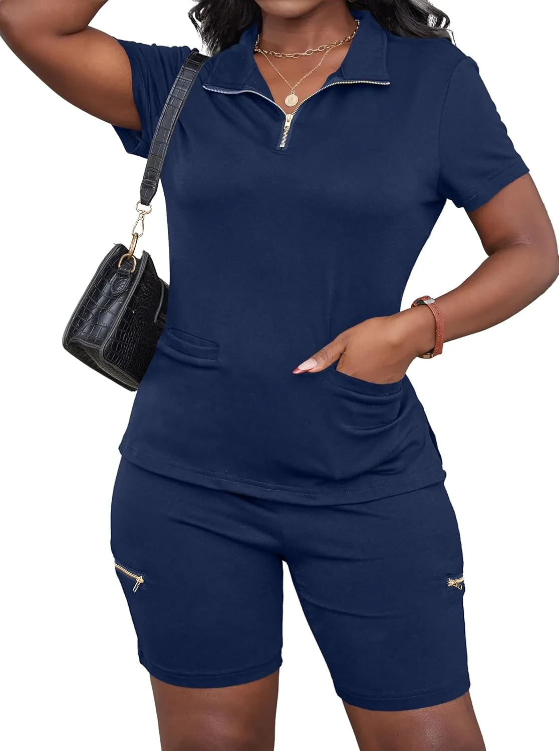 LovelyWholesale Womens 2 Piece Outfits Side Split V Neck T Shirts and Biker Shorts Matching Sets
