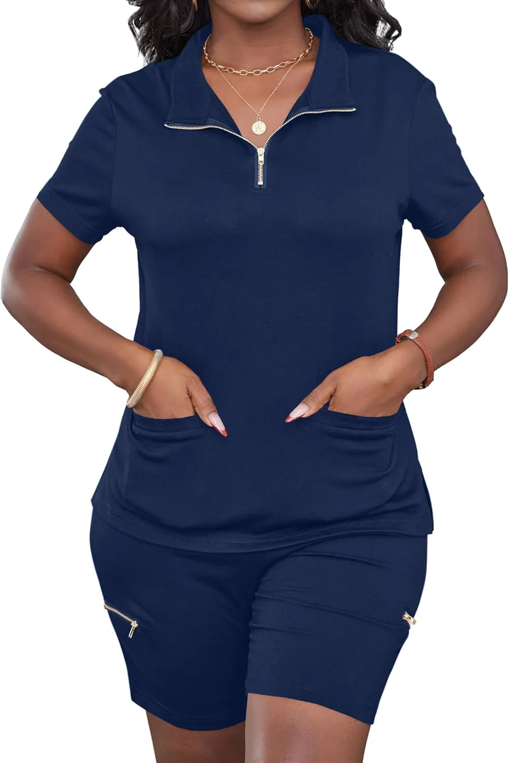 LovelyWholesale Womens 2 Piece Outfits Side Split V Neck T Shirts and Biker Shorts Matching Sets