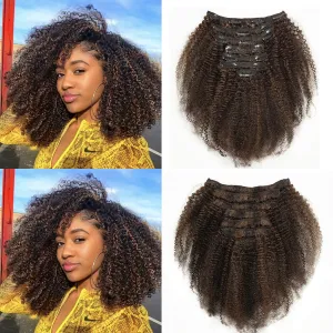 Loxxy Afro Kinky Curly Clip in Hair Extensions Human Hair Piano Natural Black Mixed With Chocolate Brown Thick Natural Hair Clip Ins For Black Women Double Weft 3C 4A Kinky Curly Clips 120Gram 10Inch