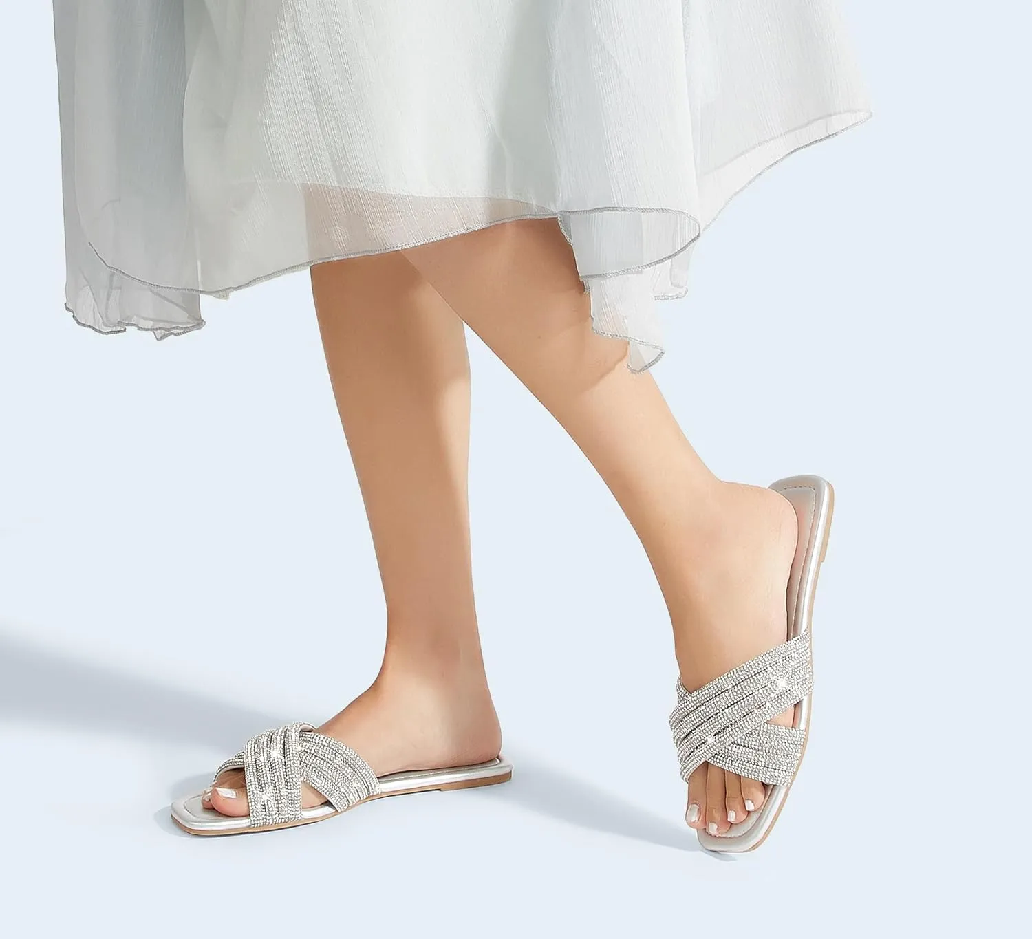 LUCKY STEP Women's Rhinestone Flat Sandals Open Toe Summer Glitter Bling Sparkle Dressy Slip on Outdoor Crossed Strap Slide