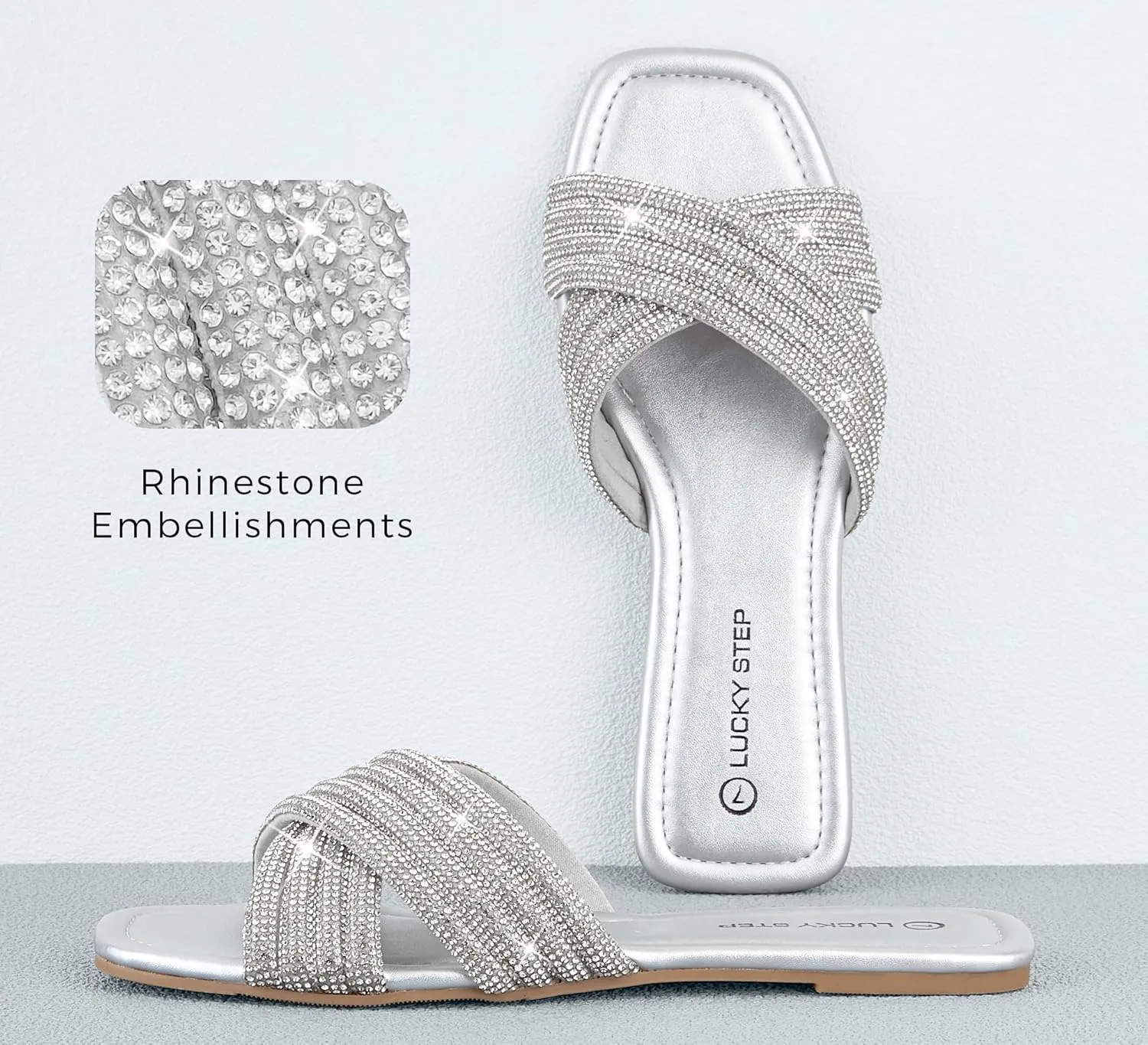 LUCKY STEP Women's Rhinestone Flat Sandals Open Toe Summer Glitter Bling Sparkle Dressy Slip on Outdoor Crossed Strap Slide