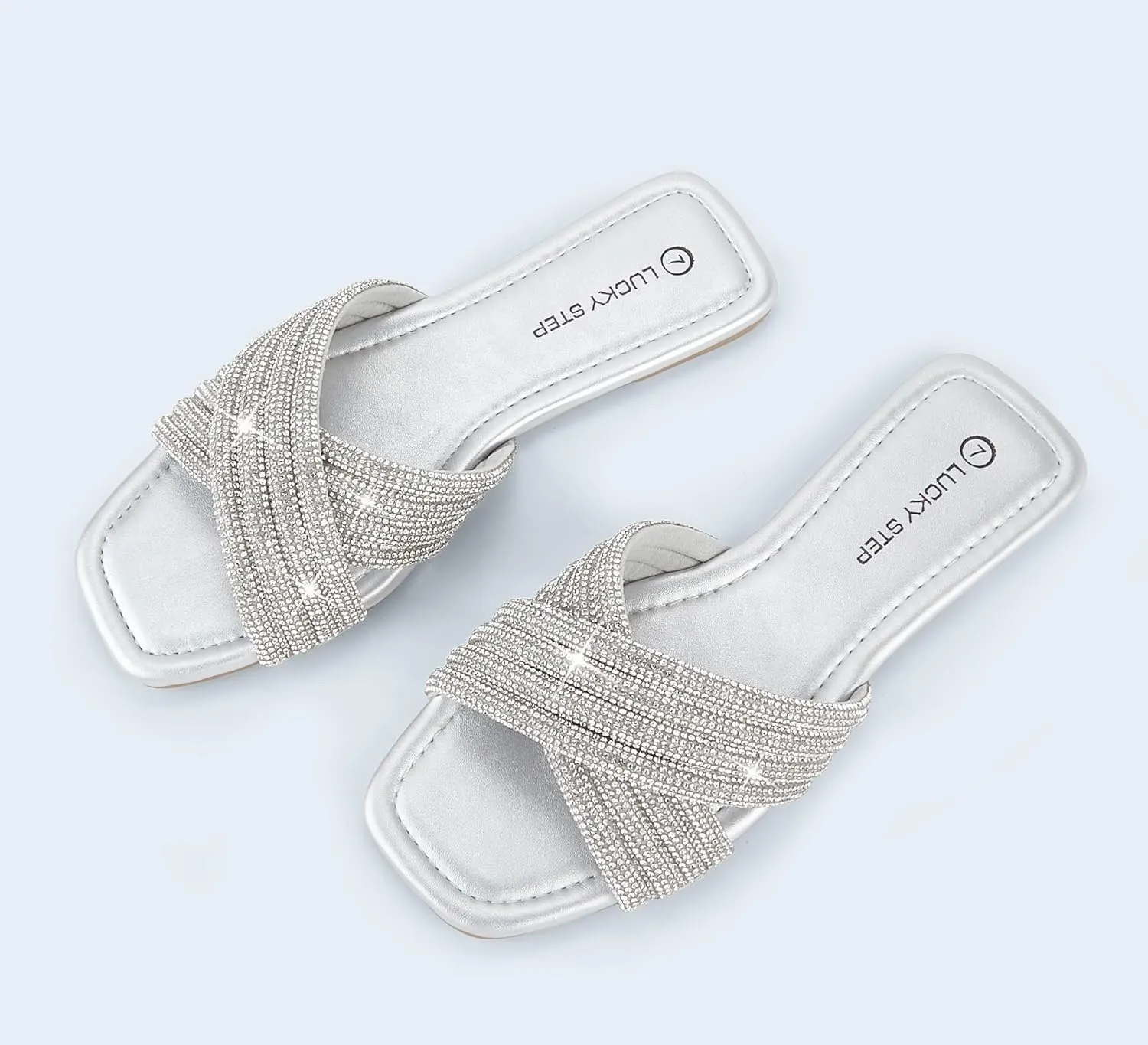 LUCKY STEP Women's Rhinestone Flat Sandals Open Toe Summer Glitter Bling Sparkle Dressy Slip on Outdoor Crossed Strap Slide