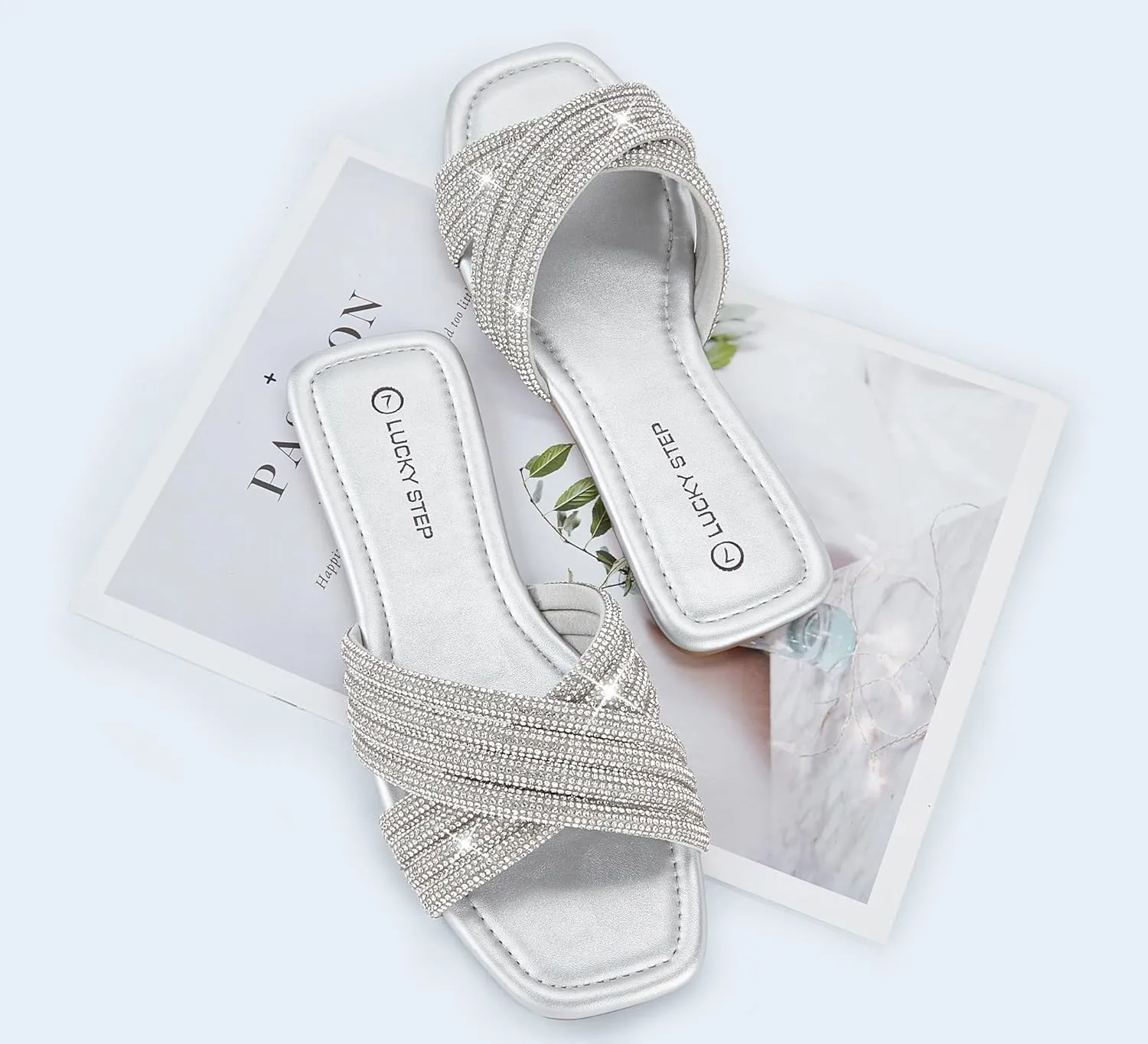 LUCKY STEP Women's Rhinestone Flat Sandals Open Toe Summer Glitter Bling Sparkle Dressy Slip on Outdoor Crossed Strap Slide