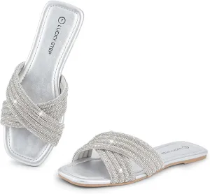 LUCKY STEP Women's Rhinestone Flat Sandals Open Toe Summer Glitter Bling Sparkle Dressy Slip on Outdoor Crossed Strap Slide