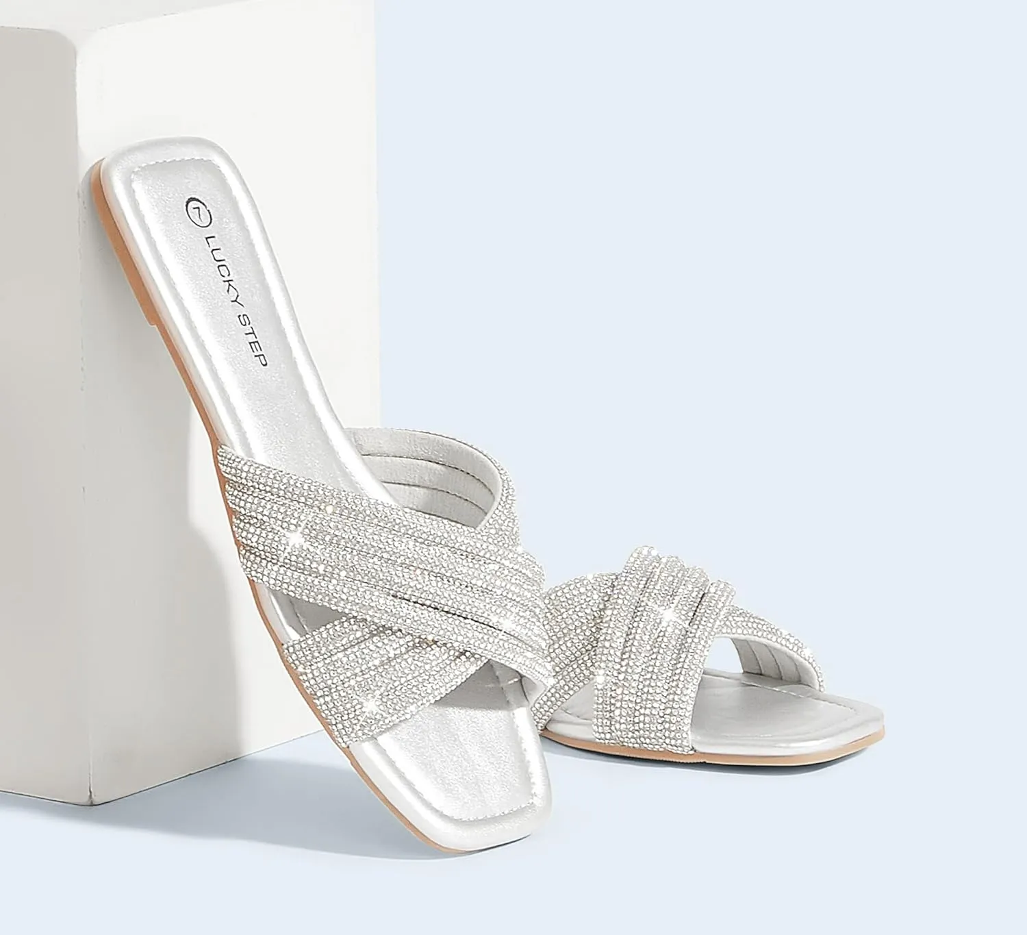 LUCKY STEP Women's Rhinestone Flat Sandals Open Toe Summer Glitter Bling Sparkle Dressy Slip on Outdoor Crossed Strap Slide