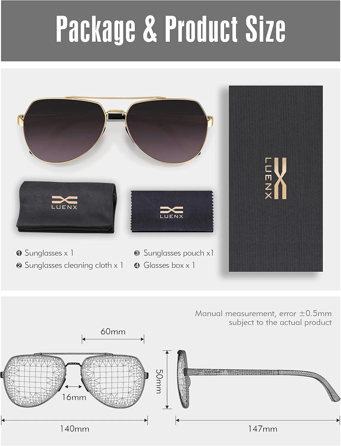 LUENX Aviator Sunglasses for Men Women Polarized New Shades Large Metal Frame - UV 400 Protection
