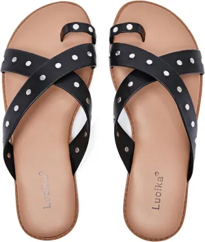 Luoika Women's Wide Width Flat Sandals, Flip Flop Slides Sandal Casual Strapy Sandal Slip on Summer Beach Shoes for Women.