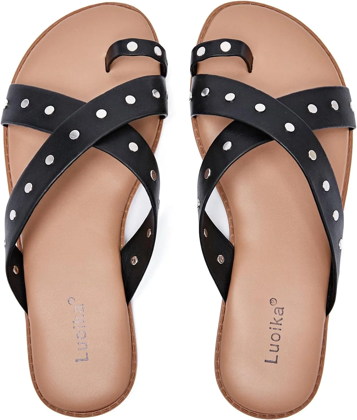 Luoika Women's Wide Width Flat Sandals, Flip Flop Slides Sandal Casual Strapy Sandal Slip on Summer Beach Shoes for Women.