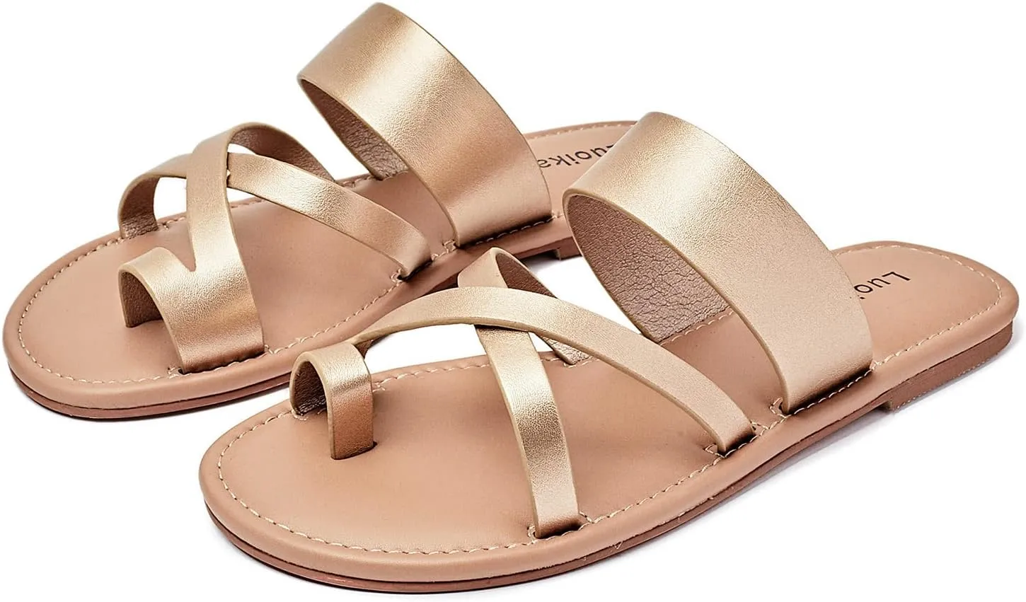 Luoika Women's Wide Width Flat Sandals, Flip Flop Slides Sandal Casual Strapy Sandal Slip on Summer Beach Shoes for Women.