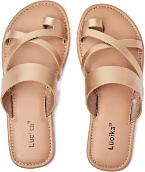 Luoika Women's Wide Width Flat Sandals, Flip Flop Slides Sandal Casual Strapy Sandal Slip on Summer Beach Shoes for Women.