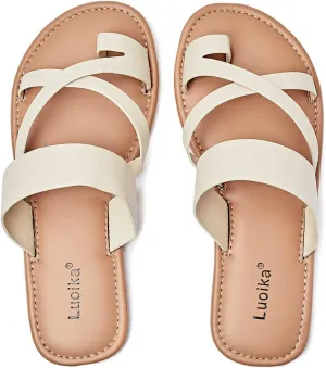 Luoika Women's Wide Width Flat Sandals, Flip Flop Slides Sandal Casual Strapy Sandal Slip on Summer Beach Shoes for Women.