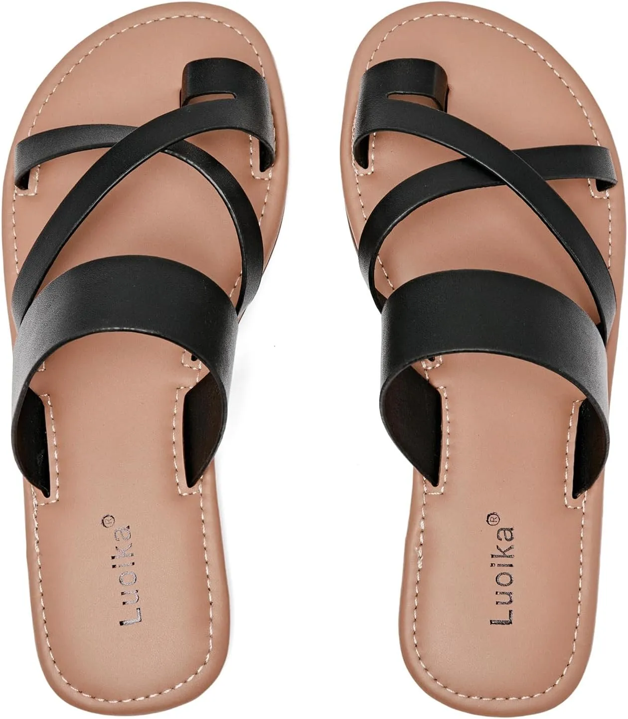 Luoika Women's Wide Width Flat Sandals, Flip Flop Slides Sandal Casual Strapy Sandal Slip on Summer Beach Shoes for Women.