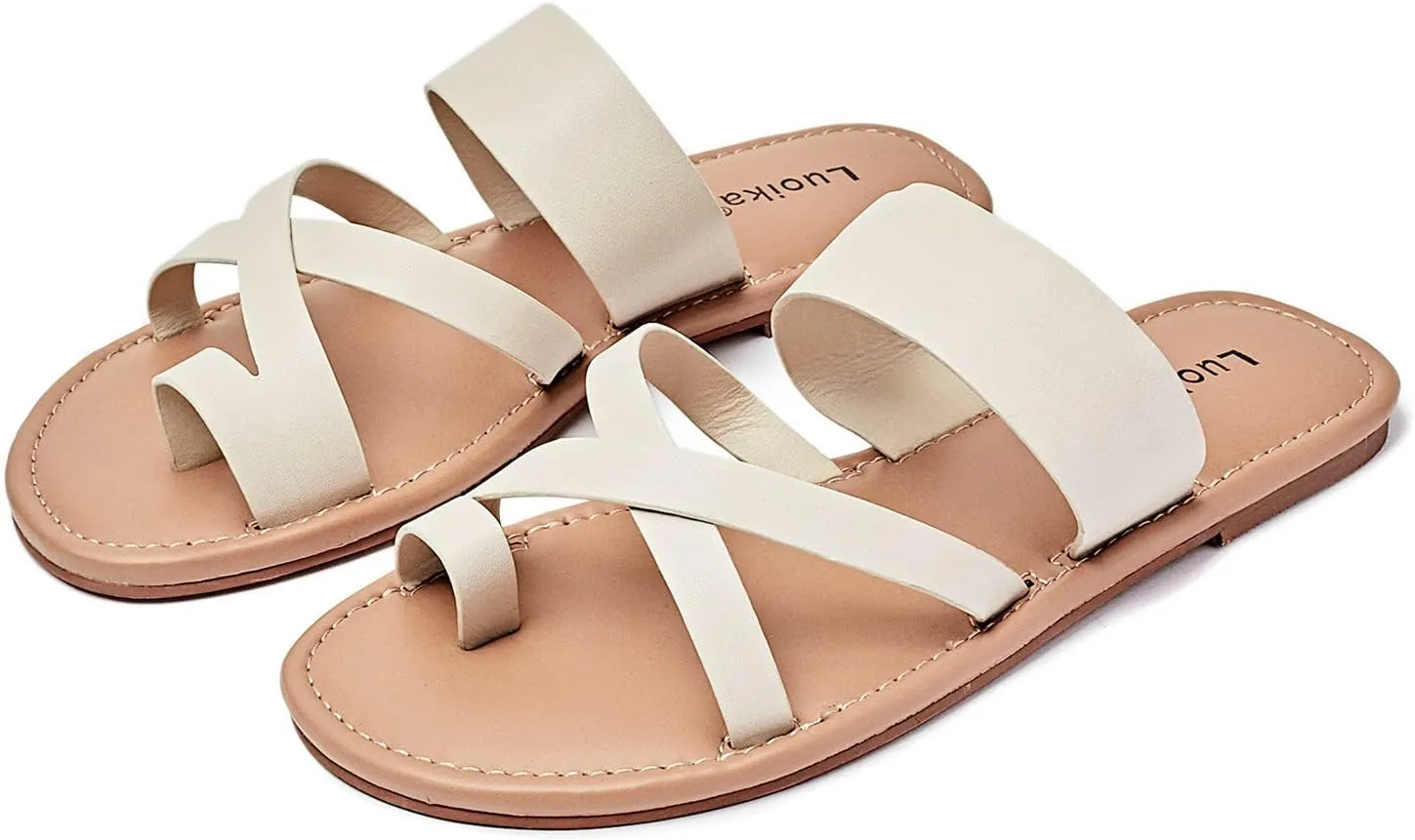 Luoika Women's Wide Width Flat Sandals, Flip Flop Slides Sandal Casual Strapy Sandal Slip on Summer Beach Shoes for Women.