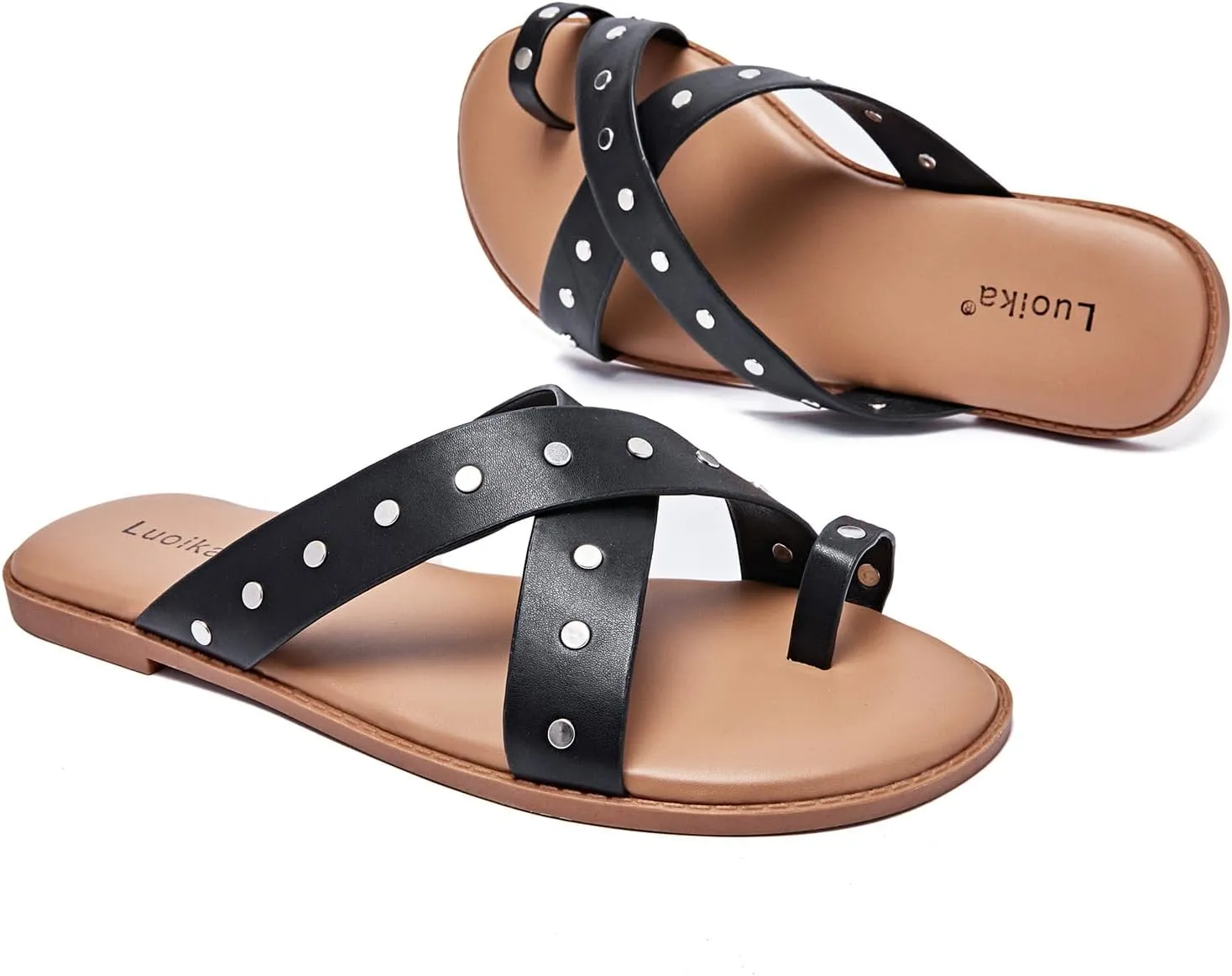 Luoika Women's Wide Width Flat Sandals, Flip Flop Slides Sandal Casual Strapy Sandal Slip on Summer Beach Shoes for Women.