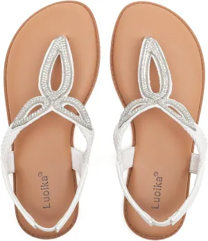 Luoika Women's Wide Width Flat Slides Sandals, Flip Flop Strappy Rhinestone Thong Sandals Comfortable Summer Beach Shoes for Women.
