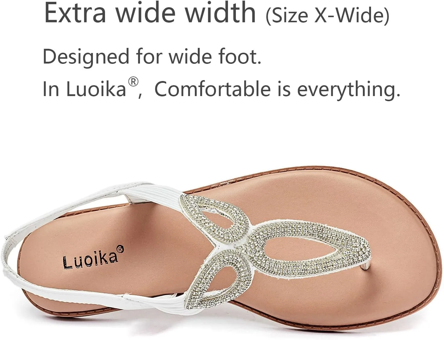 Luoika Women's Wide Width Flat Slides Sandals, Flip Flop Strappy Rhinestone Thong Sandals Comfortable Summer Beach Shoes for Women.
