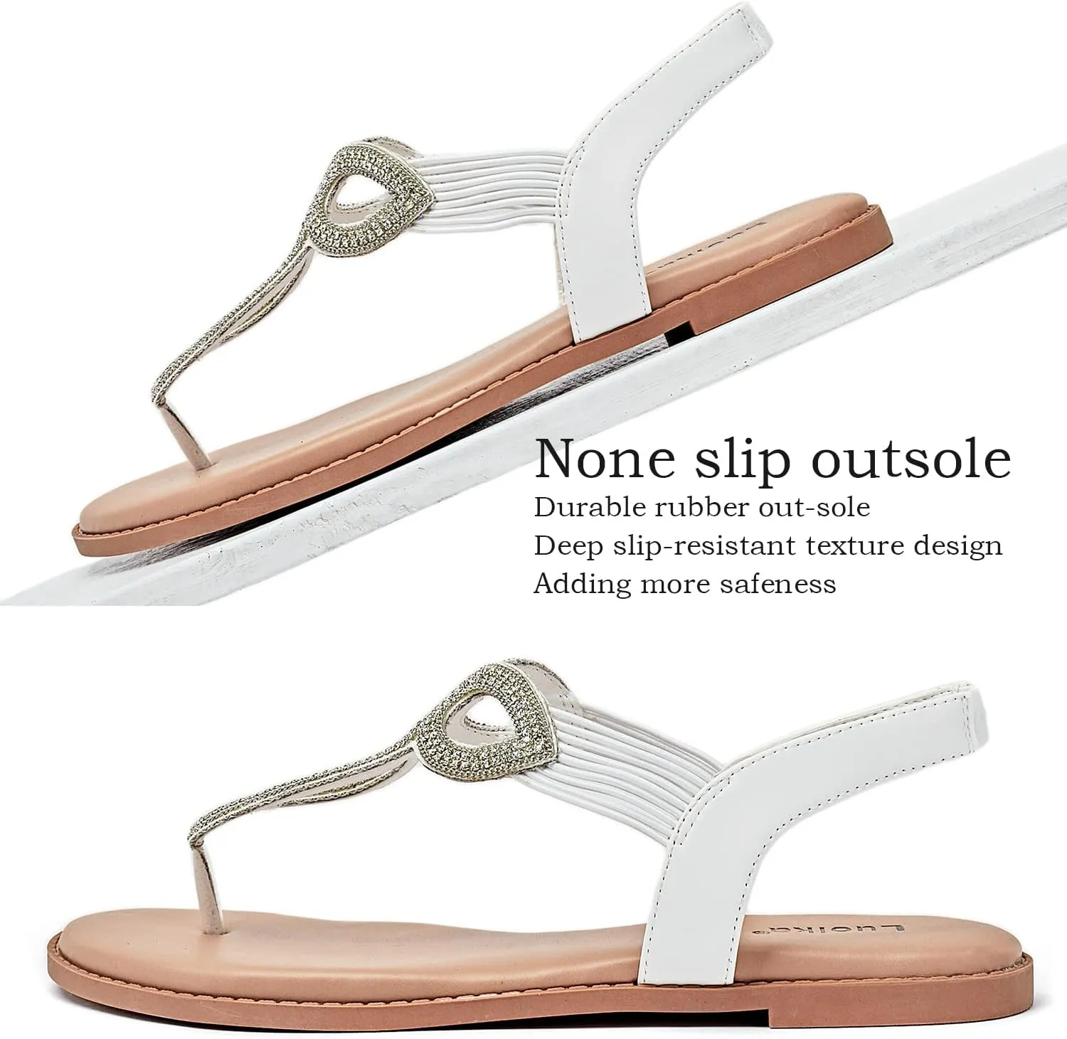 Luoika Women's Wide Width Flat Slides Sandals, Flip Flop Strappy Rhinestone Thong Sandals Comfortable Summer Beach Shoes for Women.