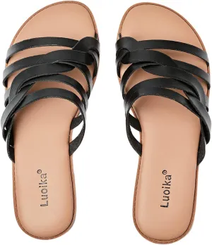 Luoika Women's Wide Width Flat Slides Sandals, Slip on Slide Sandal Casual Comfortable Summer Beach Shoes for Women.