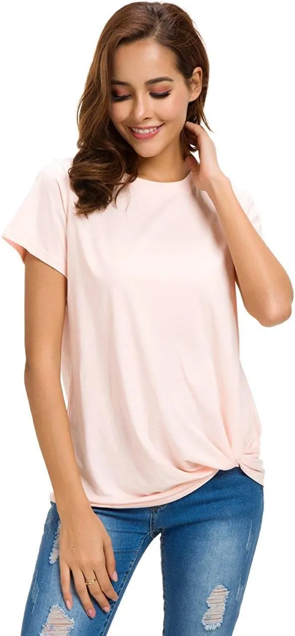 LUSMAY Womens Short Sleeve Loose Twist Knot Front T Shirts Cotton Casual Blouse