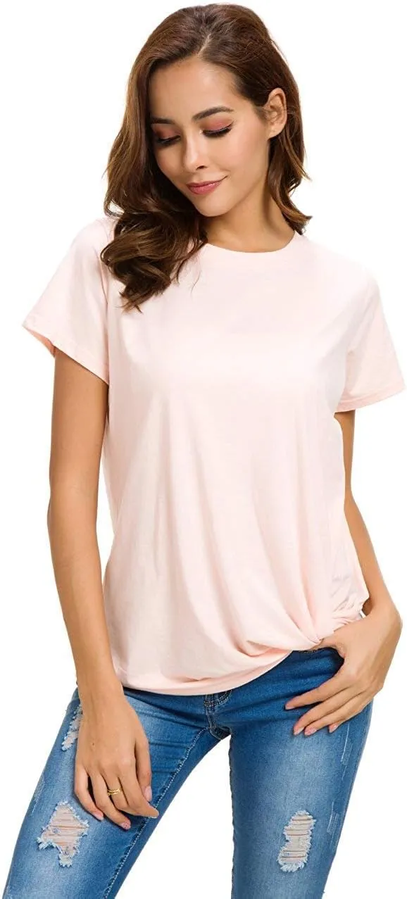 LUSMAY Womens Short Sleeve Loose Twist Knot Front T Shirts Cotton Casual Blouse