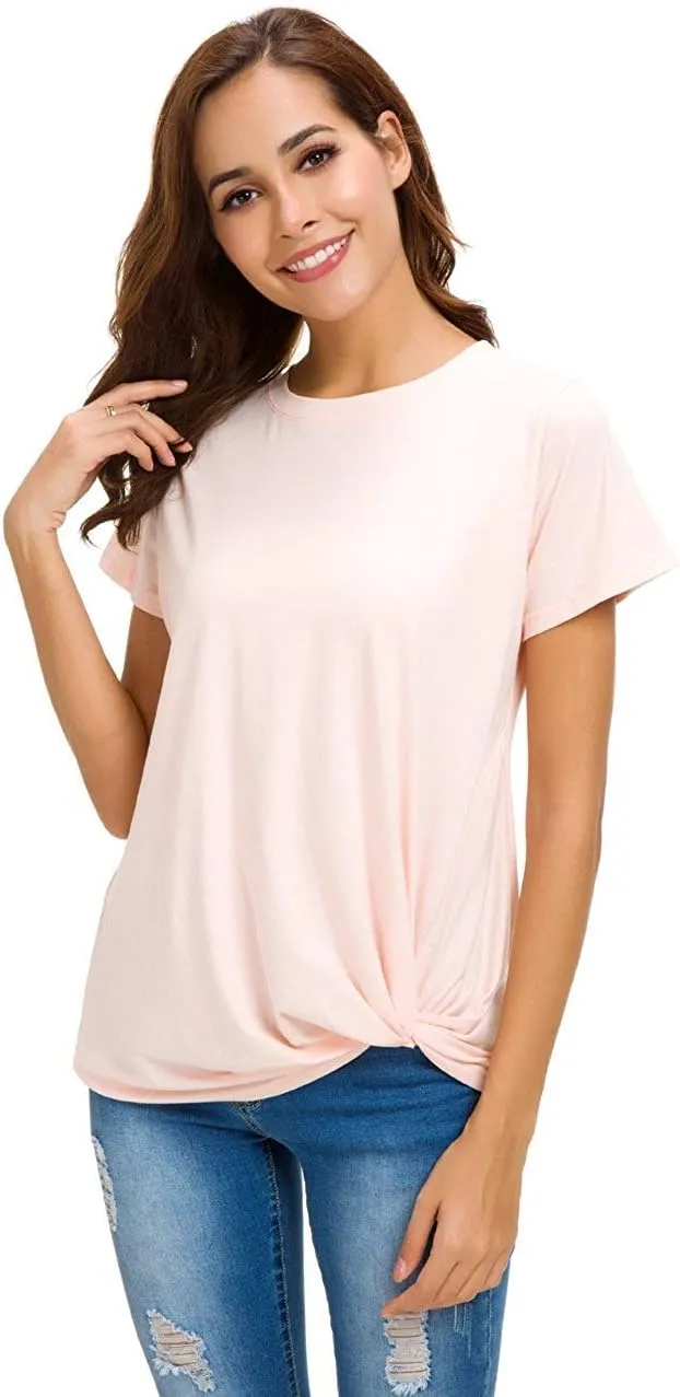 LUSMAY Womens Short Sleeve Loose Twist Knot Front T Shirts Cotton Casual Blouse