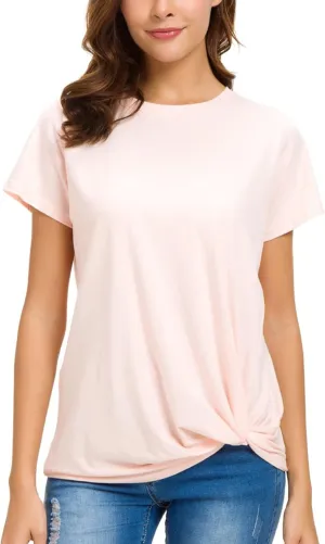 LUSMAY Womens Short Sleeve Loose Twist Knot Front T Shirts Cotton Casual Blouse