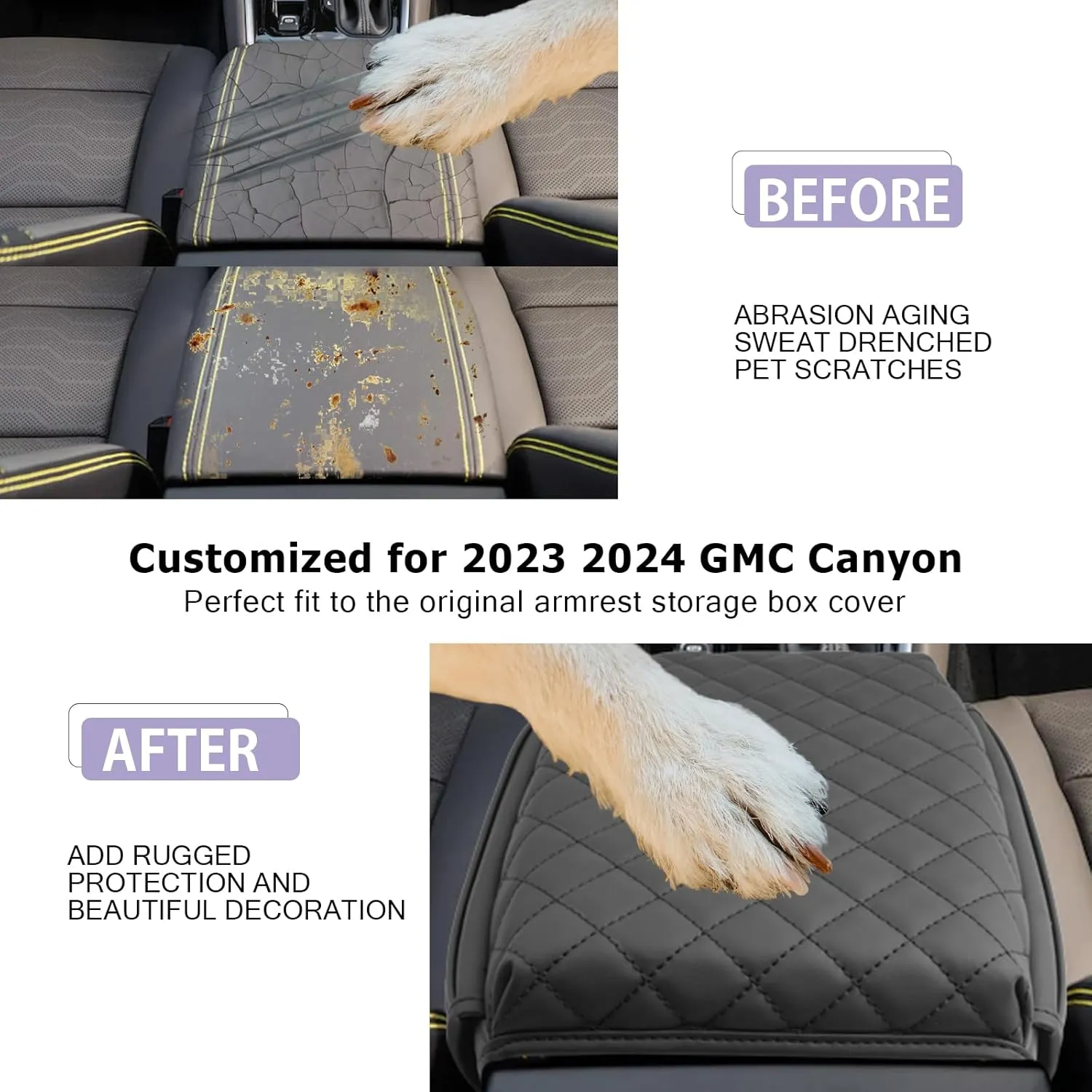 LUWU for 2024 2023 GMC Canyon Center Console Cover 2023 Canyon Armrest Cover Pad 2023 2024 GMC Canyon Accessories Center Console Pad Canyon Elevation/AT4/AT4X/Denali Armrest Console Cover Soft Leather