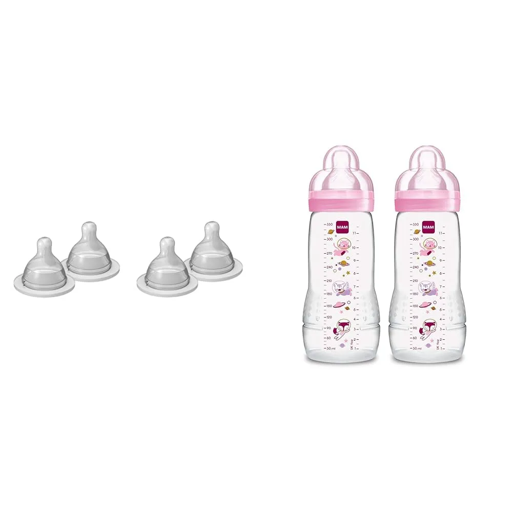 MAM Bottle Nipples Extra Slow Flow Nipple Size 0, for Newborn Babies and Older & Easy Active Baby Bottle 11oz, Easy Switch Between Breast and Bottle, Easy to Clean, 4  Months