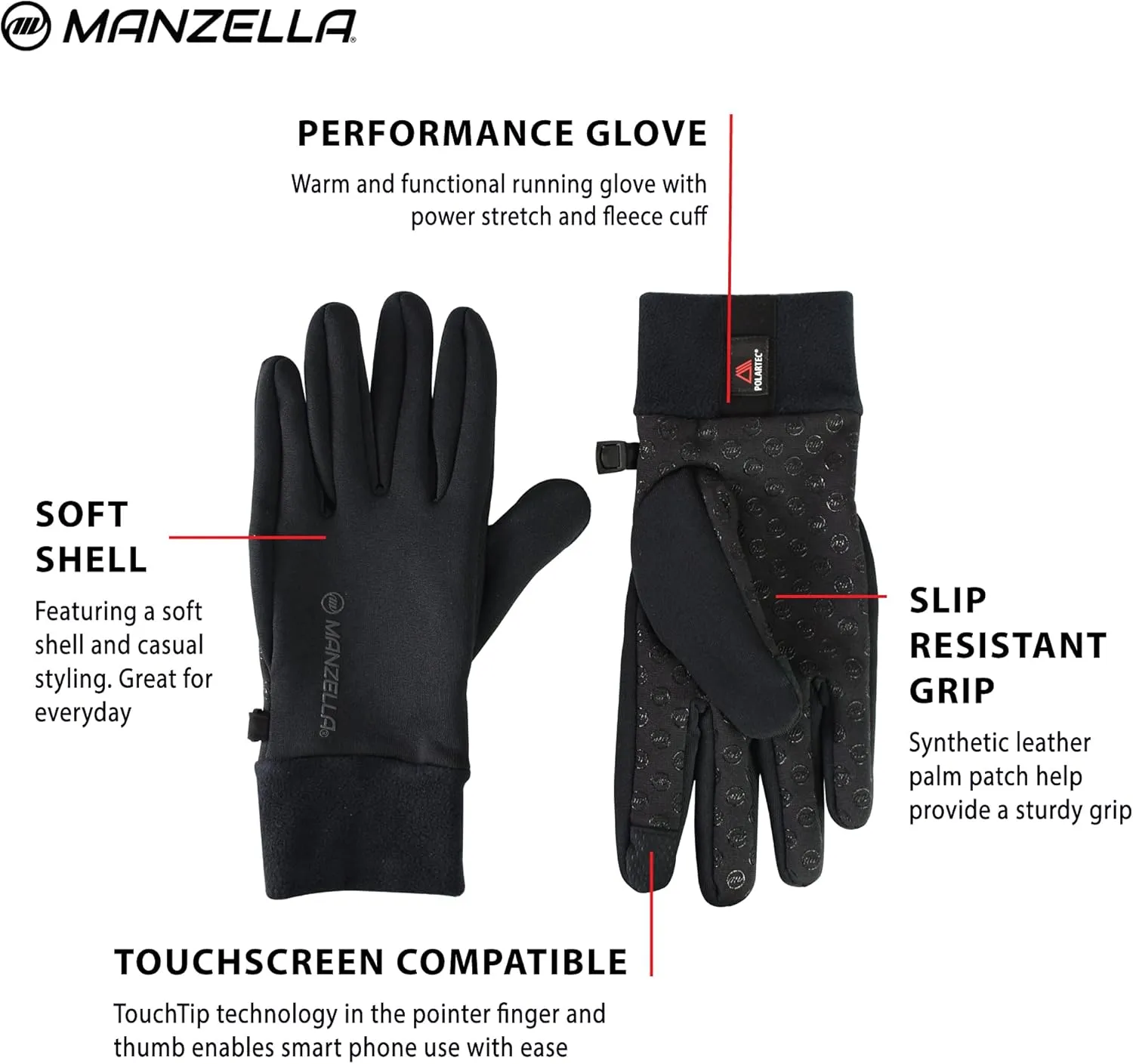 Manzella Men's Power Stretch Glove, Touchscreen Capable