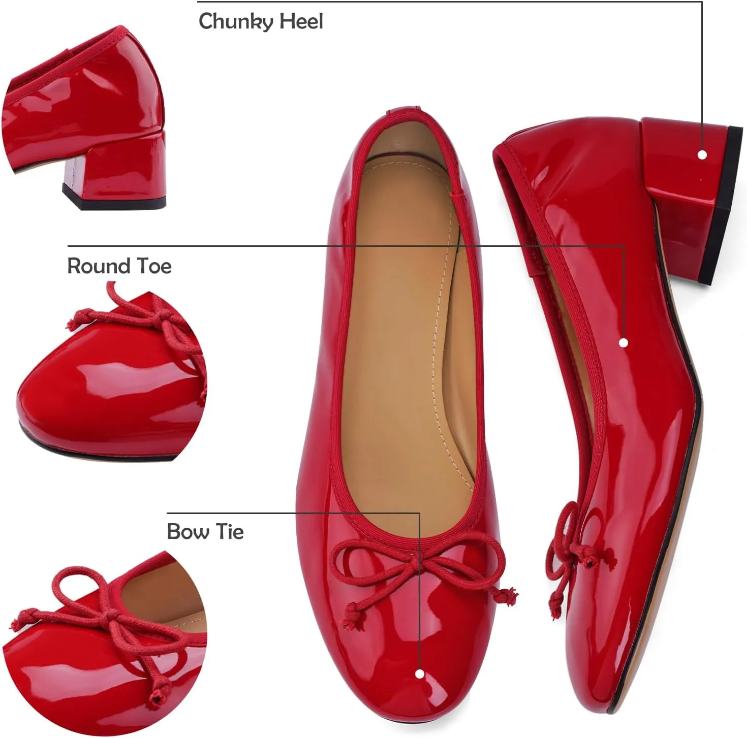 Mary Jane Shoes Women Leather Round Toe Chunky Mid Heel Pumps Ballet Shoes with Bow Tie Closed Toe Comfort Work Casual Ballerina Shoes