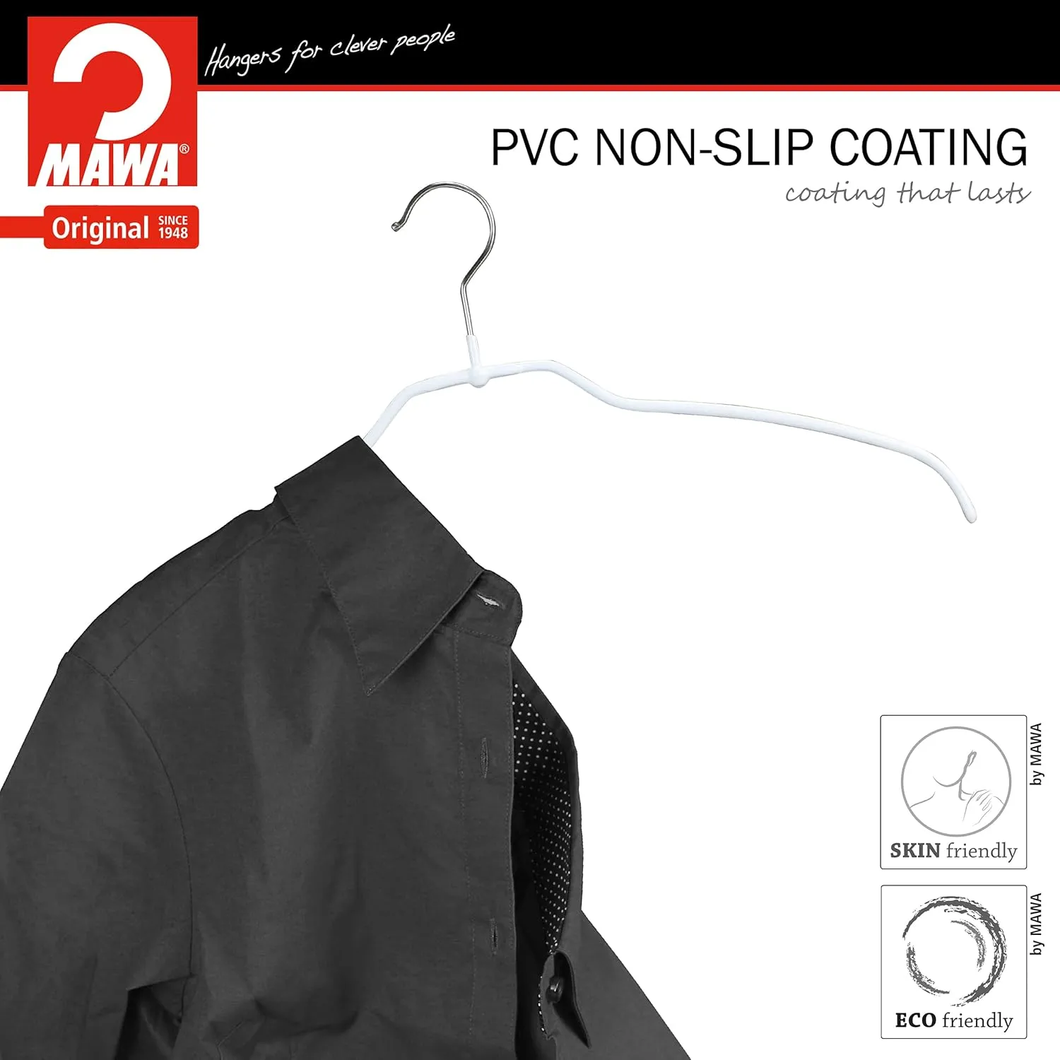 Mawa by Reston Lloyd Silhouette Ultra-Thin Series, Non-Slip Space Saving Shirt Hanger, Style 42/FT, Pack of 180, White
