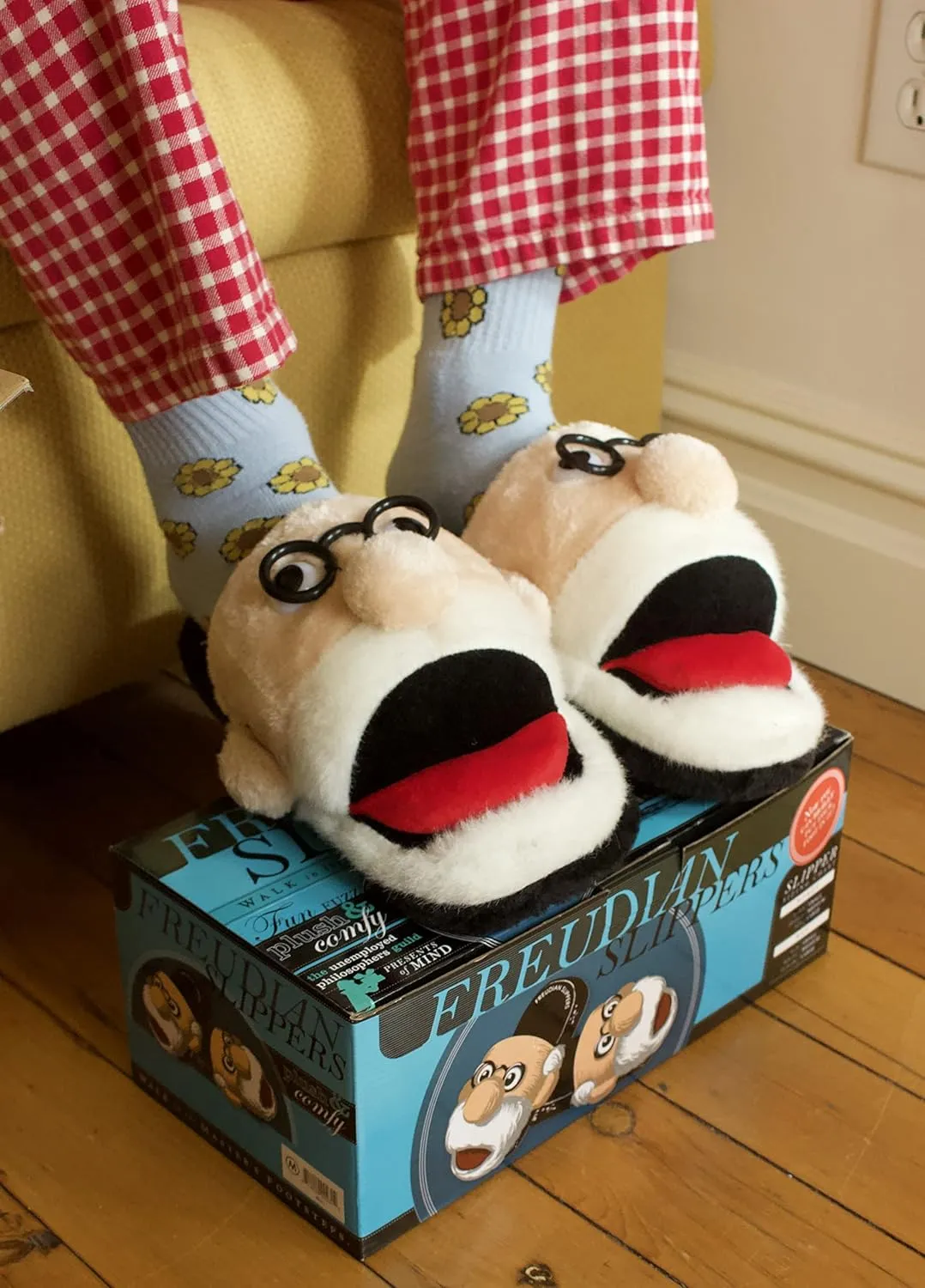 Medium Freudian Slippers - Comfy Plush Slip-On Footwear with Sigmud Freud's Head and a Comfortable Built in Sock Tongue Black