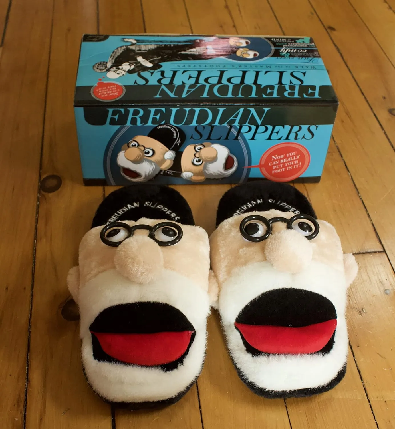Medium Freudian Slippers - Comfy Plush Slip-On Footwear with Sigmud Freud's Head and a Comfortable Built in Sock Tongue Black