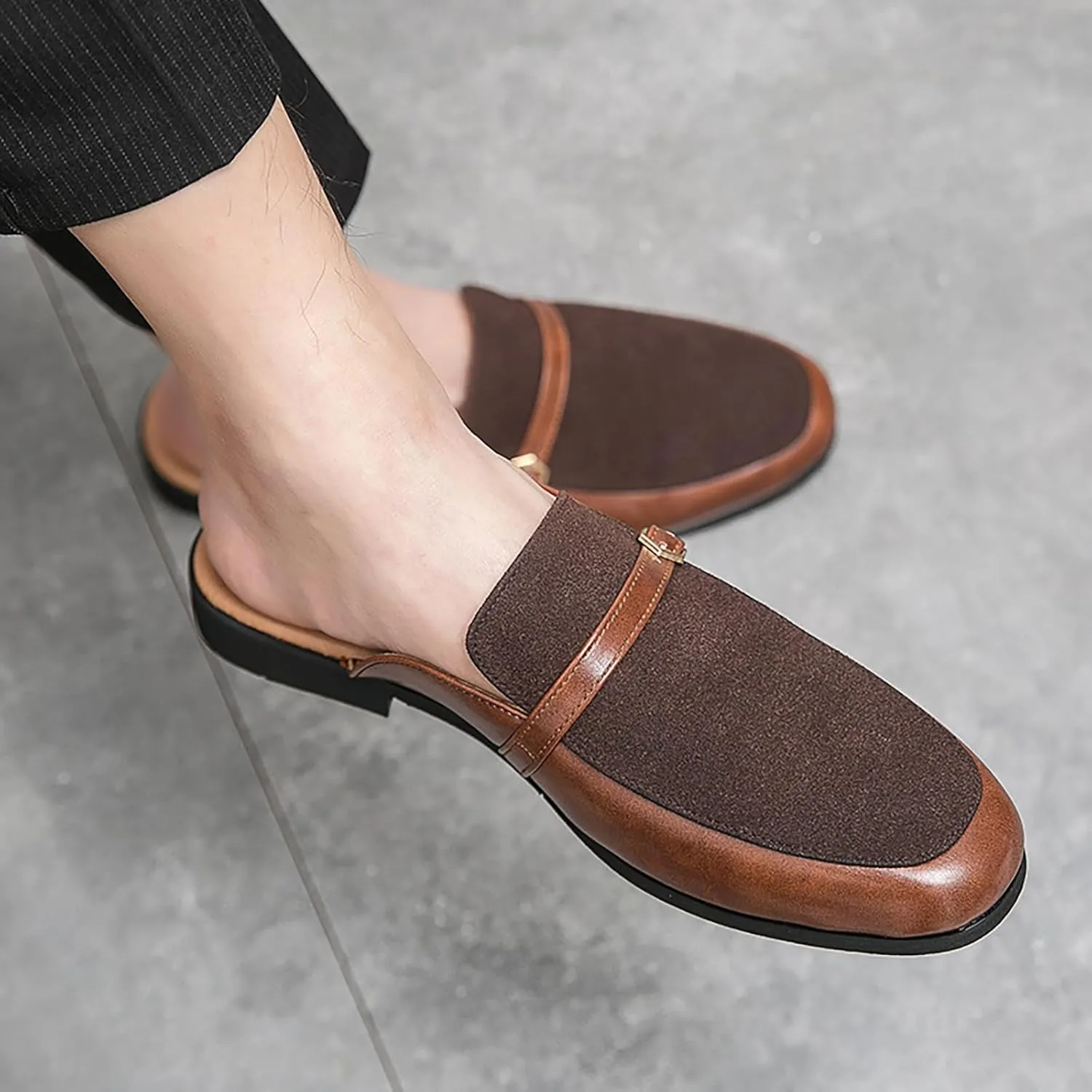 Men'S Leather Splicing Low Chunky Heel Clog Mules sandals With Adjustable Buckle fashion Velvet Comfortable Slip-On Flat slingback Half Dress Loafers Non-Slip Driving Business Smoking slippers