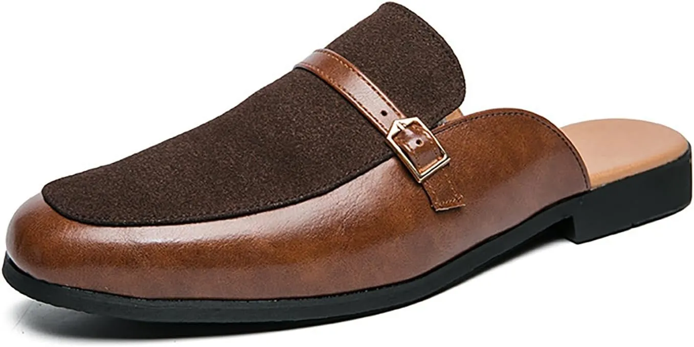 Men'S Leather Splicing Low Chunky Heel Clog Mules sandals With Adjustable Buckle fashion Velvet Comfortable Slip-On Flat slingback Half Dress Loafers Non-Slip Driving Business Smoking slippers