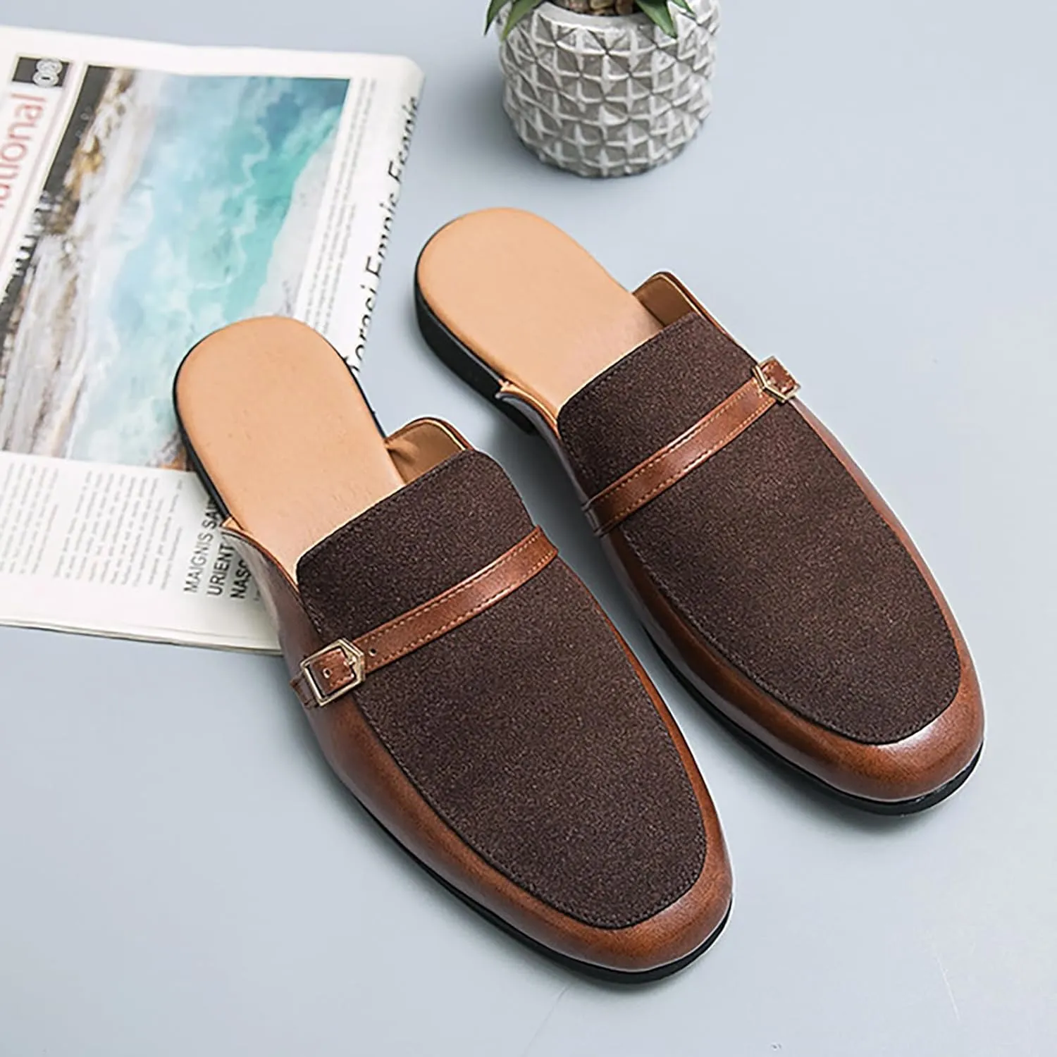 Men'S Leather Splicing Low Chunky Heel Clog Mules sandals With Adjustable Buckle fashion Velvet Comfortable Slip-On Flat slingback Half Dress Loafers Non-Slip Driving Business Smoking slippers