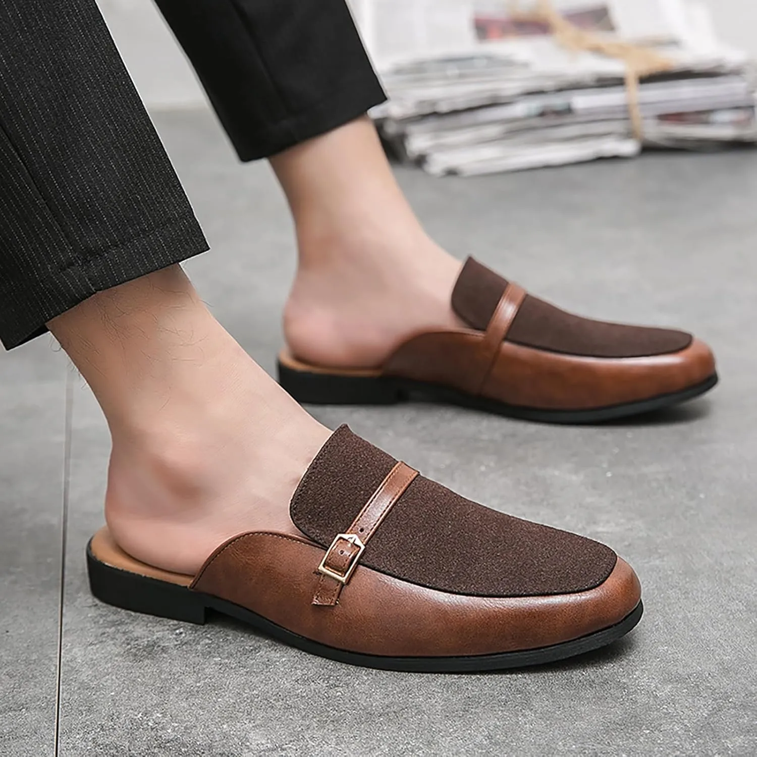 Men'S Leather Splicing Low Chunky Heel Clog Mules sandals With Adjustable Buckle fashion Velvet Comfortable Slip-On Flat slingback Half Dress Loafers Non-Slip Driving Business Smoking slippers