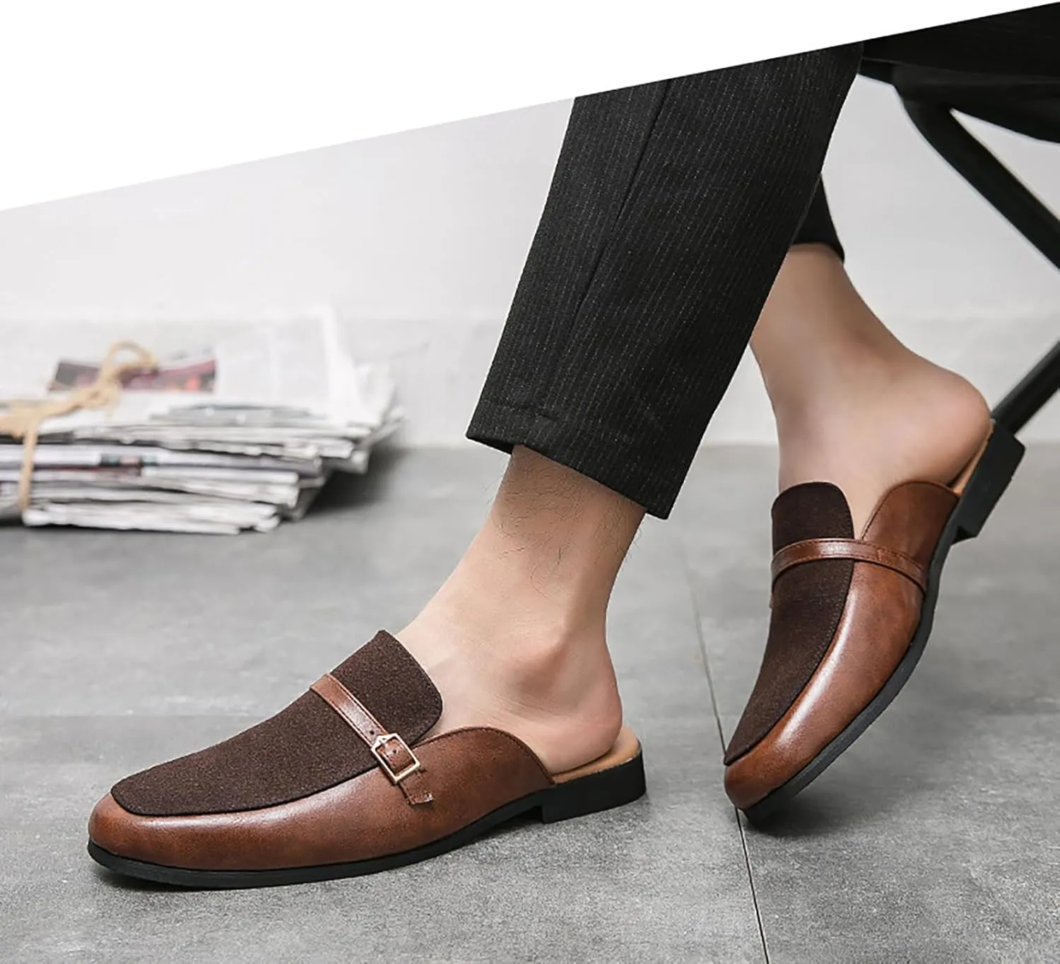 Men'S Leather Splicing Low Chunky Heel Clog Mules sandals With Adjustable Buckle fashion Velvet Comfortable Slip-On Flat slingback Half Dress Loafers Non-Slip Driving Business Smoking slippers