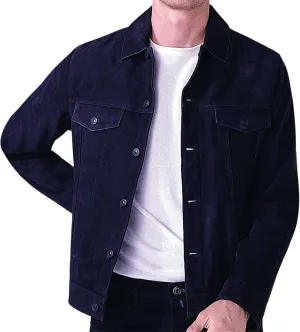 Men’s Midnight Blue Genuine Suede Classic Shirt Collar Third Generation Cowboy Native American Vintage Leather Jacket