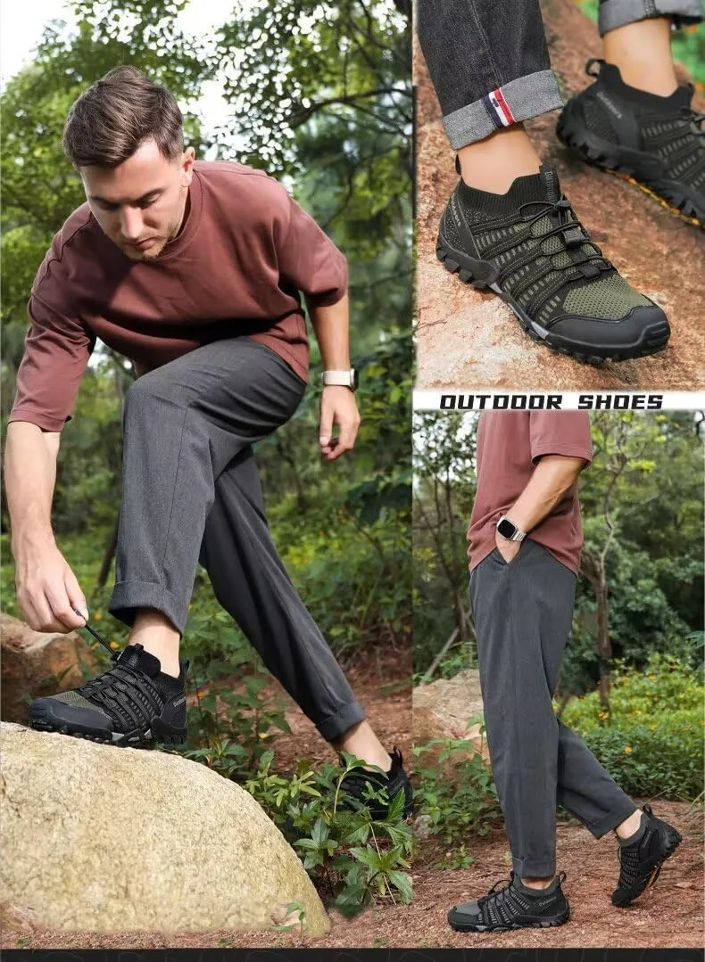 Men's Outdoor Stretch Mesh Hiking Shoe Comfortable Low Sneaker Lightweight Breathable Non-Slip Trekking Trails Shoes Casual Portable Slip on for Beach Fishing Water Sandals