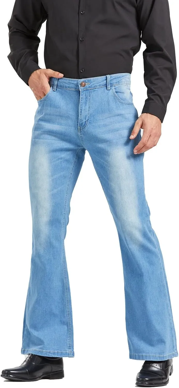 Men's Relaxed Vintage 60s 70s Bell Bottom Stretch Fit Classic Comfort Flared Flares Retro Leg Disco Denim Jeans Pants