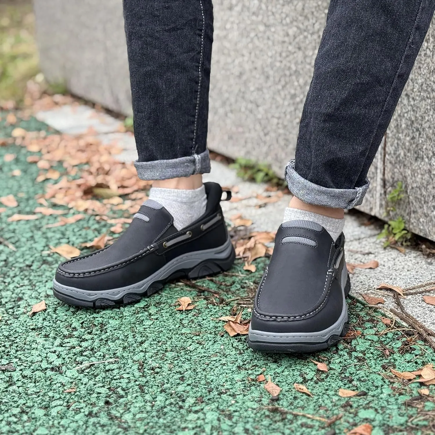 Men's Slip On Hands Free Leather Walking Work Loafers Slip-Ins Outdoor Dress Casual Cushioning Shoes
