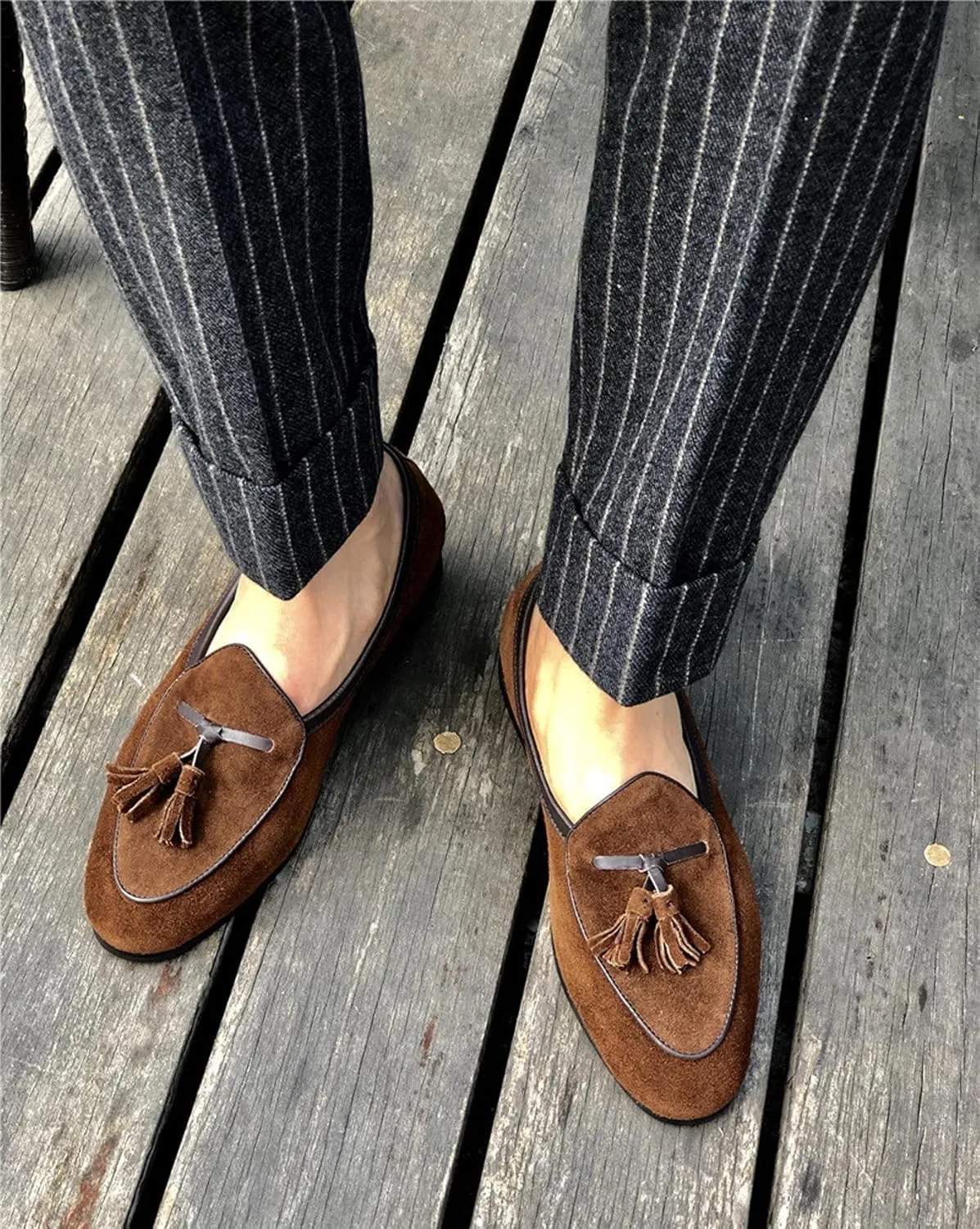 Men's Suede Tassel Loafers - Slip-On Dress Shoes for Casual, Business, Wedding & Prom - Modern Penny Loafers for Suits & Tuxedos